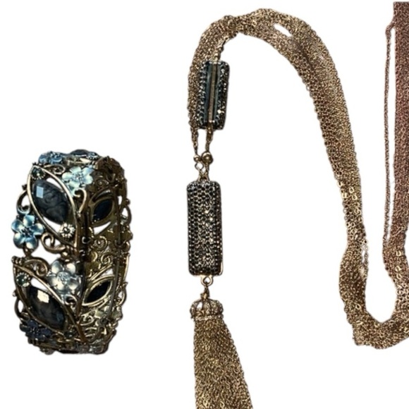 Hematite Encrusted Long Tassel Necklace with Cuff Bracelet Elegant Silver Gold - Picture 15 of 15